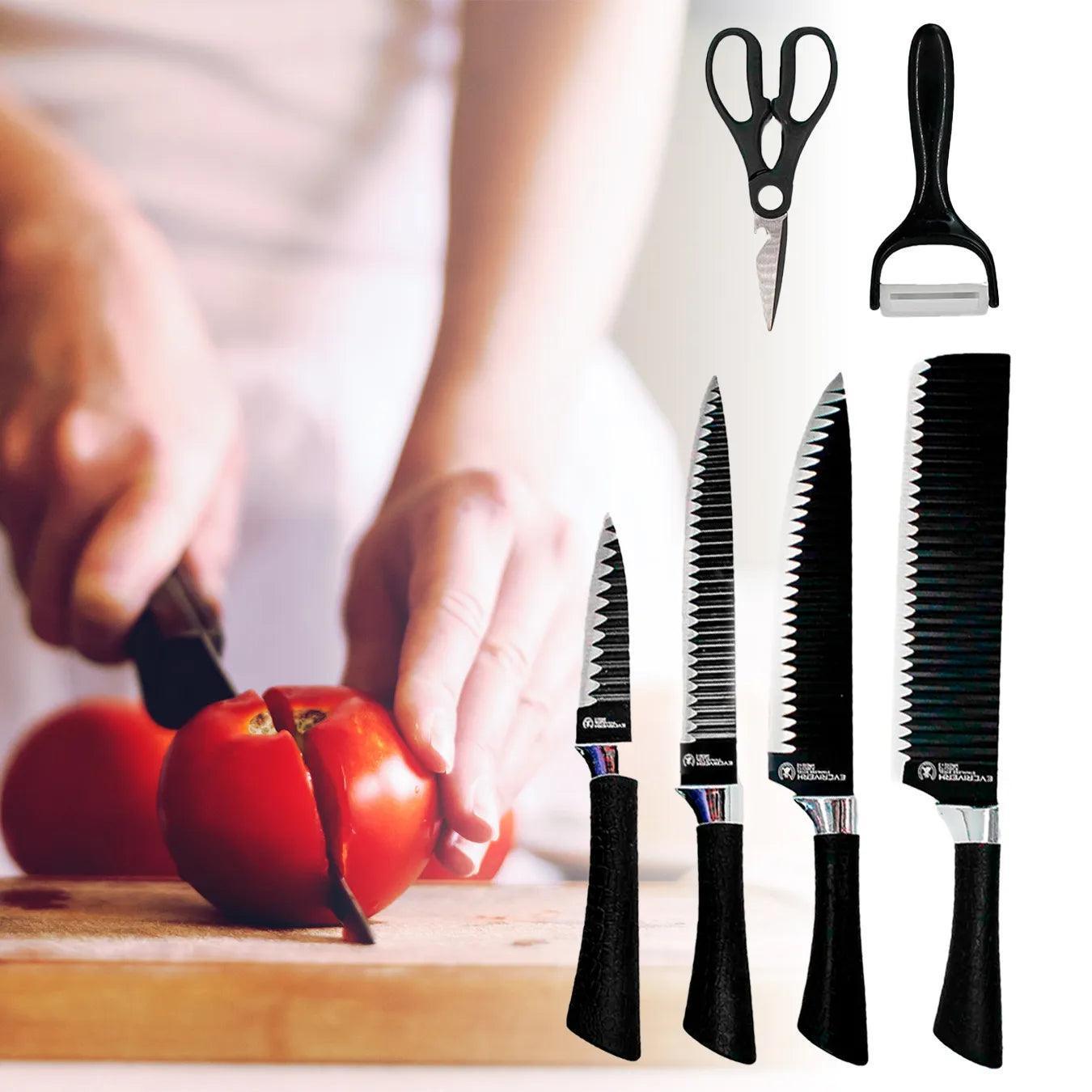 Jogo De Facas 4 Peças Aço Inoxidável + Tesoura de Cozinha e Ralador de Brinde