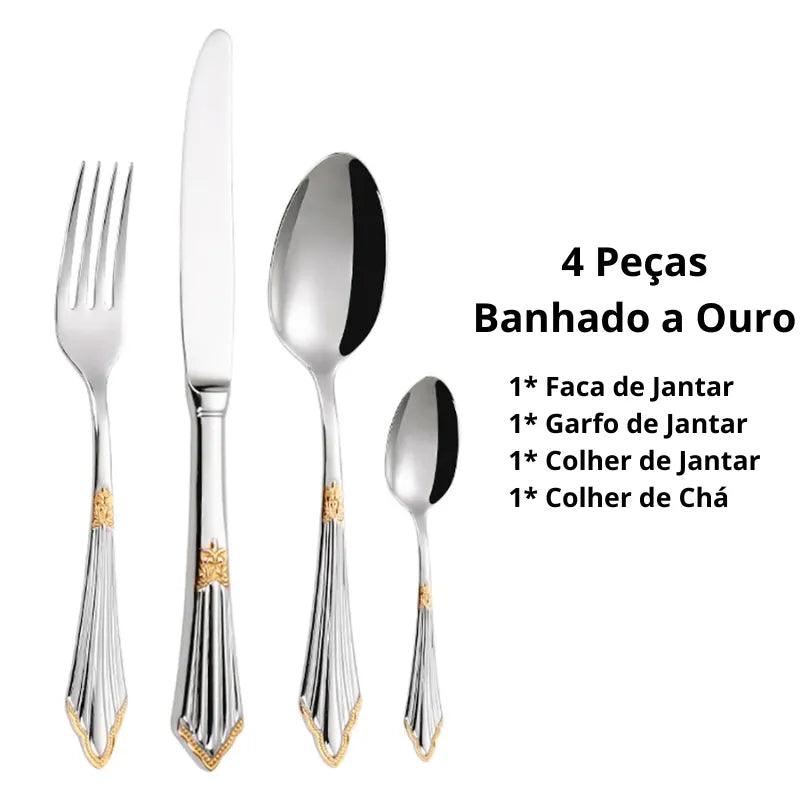 Jogo de Talheres de Luxo de Aço Inoxidável Banhado a Ouro