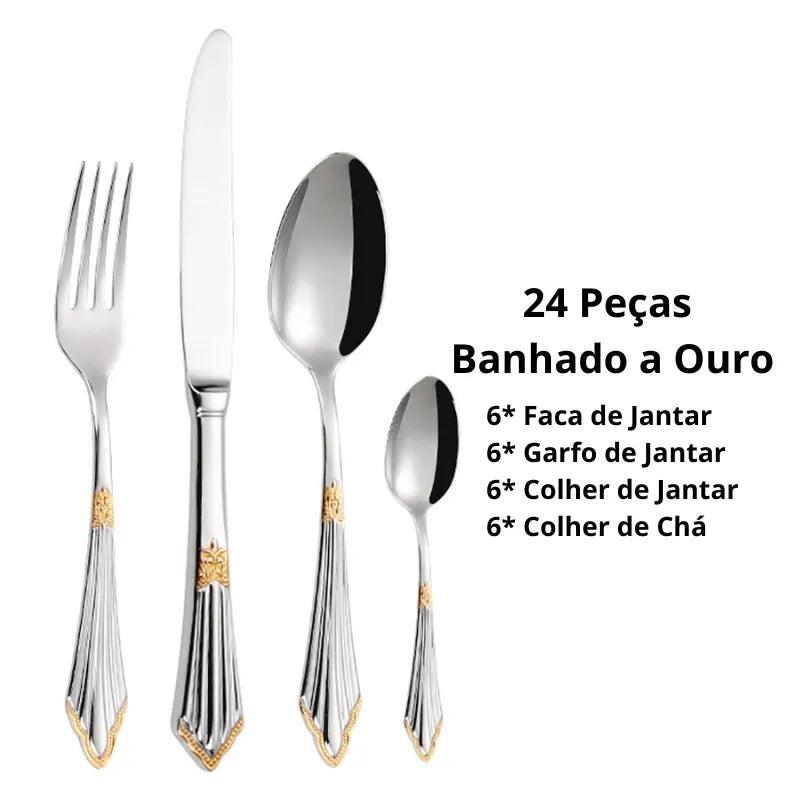 Jogo de Talheres de Luxo de Aço Inoxidável Banhado a Ouro
