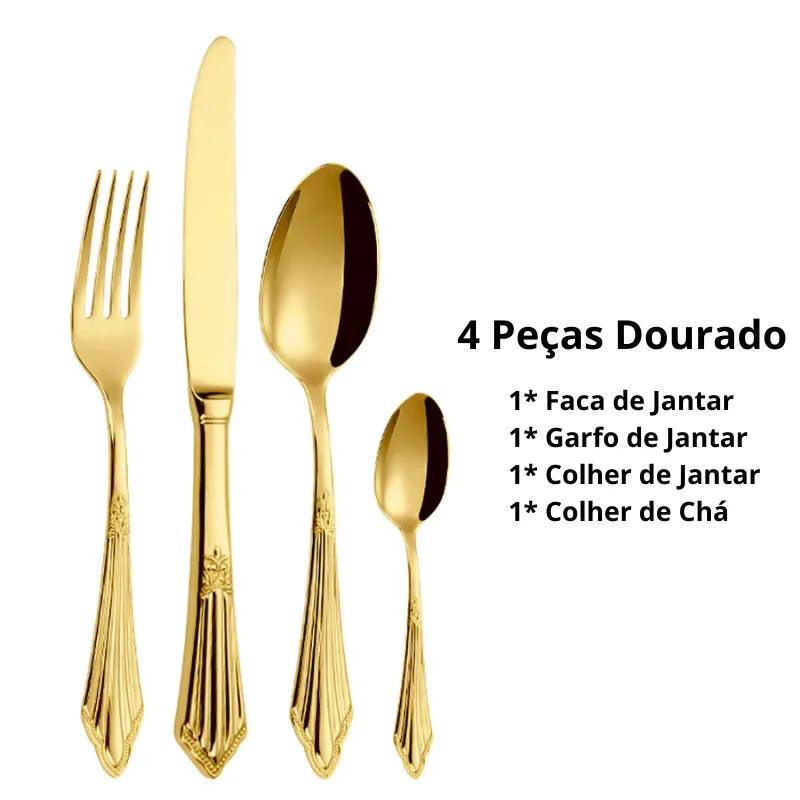 Jogo de Talheres de Luxo de Aço Inoxidável Banhado a Ouro
