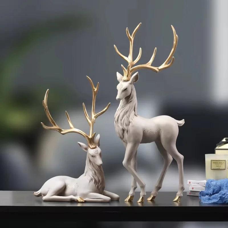 Escultura Decorativa de Cervos Elegante com Galhos Dourados
