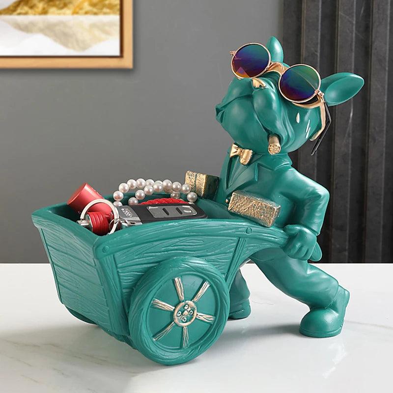 Estatueta de Bulldog com Carrinho para Armazenamento