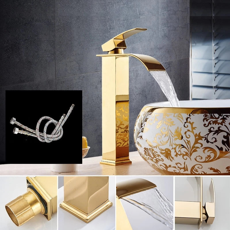 Torneira Cascata Dourada Luxo para Banheiro Monocomando Alta Brilho Premium Luxea