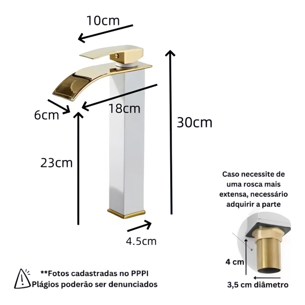 Torneira Cascata Dourada Luxo para Banheiro Monocomando Alta Brilho Premium Luxea