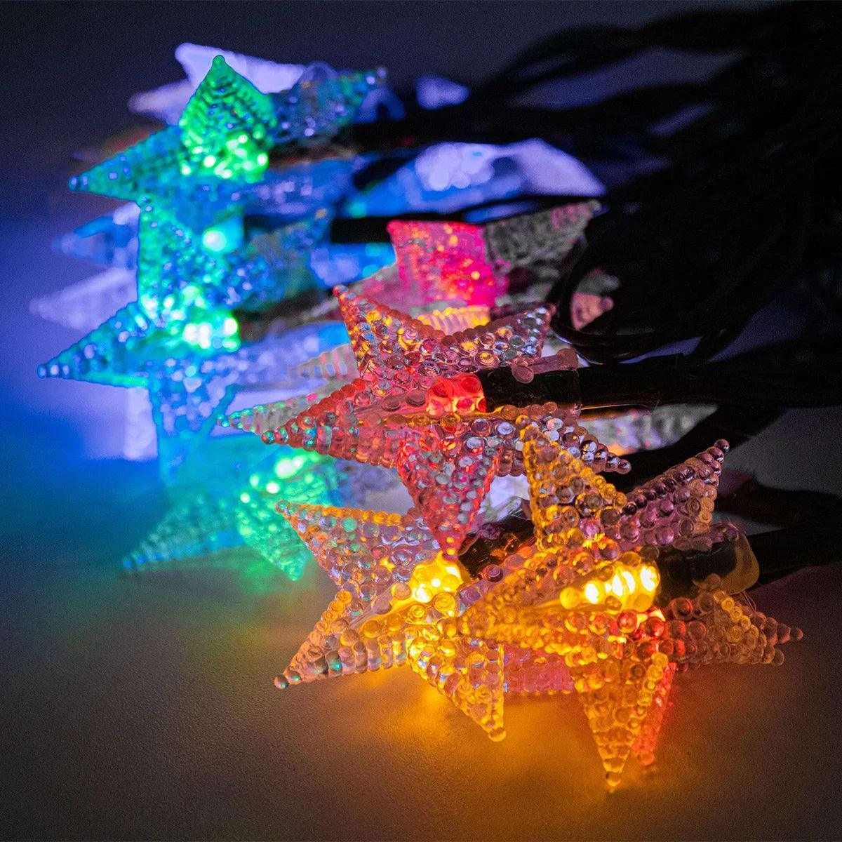 Cordão De Lâmpadas Led Pisca Formato Estrela 5 Metros 20L Carregamento Solar Natal