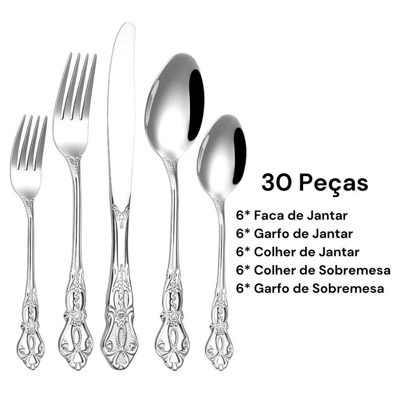 Jogo de Talheres Aço Inoxidável de Prata 6/24/30 Peças