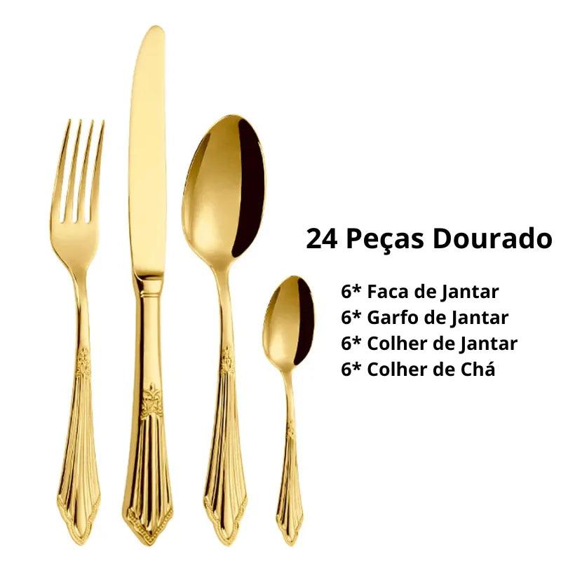 Jogo de Talheres de Luxo de Aço Inoxidável Banhado a Ouro