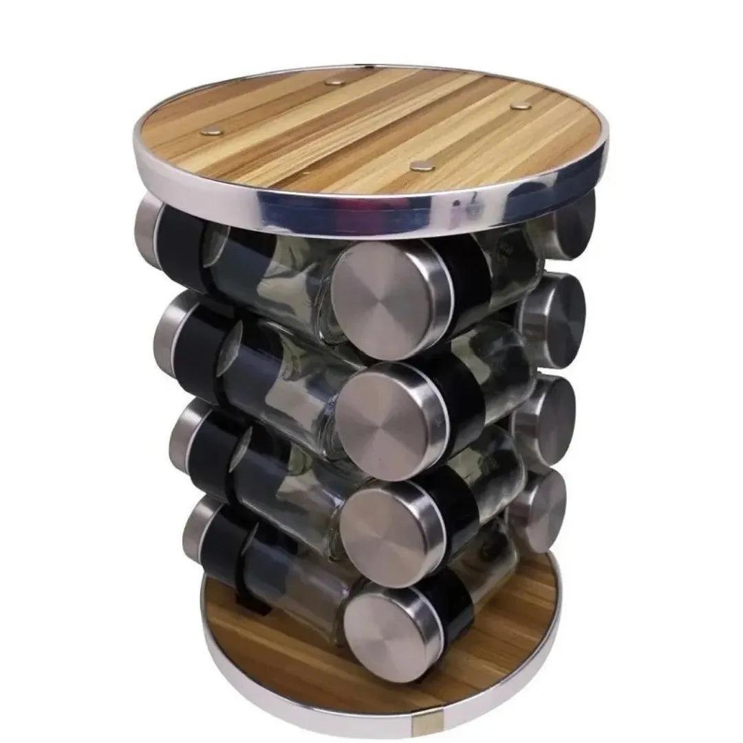 Torre De Porta Temperos Condimentos Giratório Inox 16 Potes Base Giratório