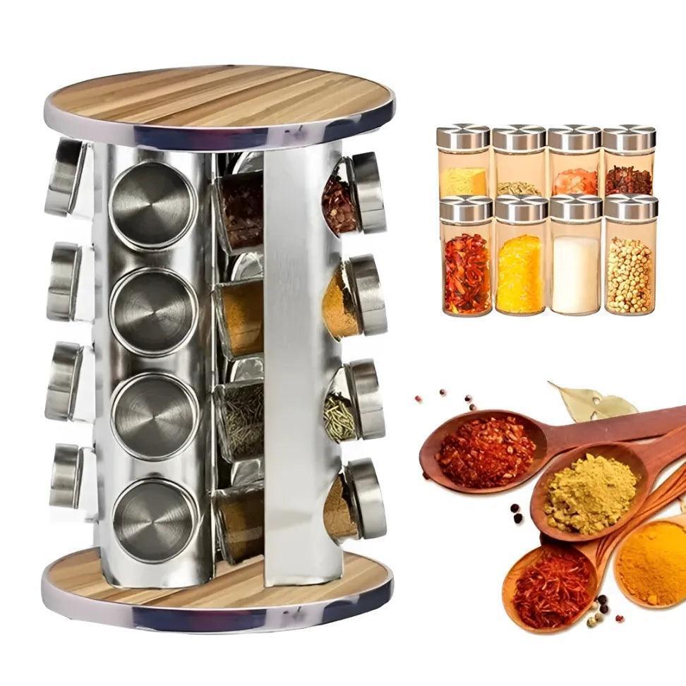 Torre De Porta Temperos Condimentos Giratório Inox 16 Potes Base Giratório