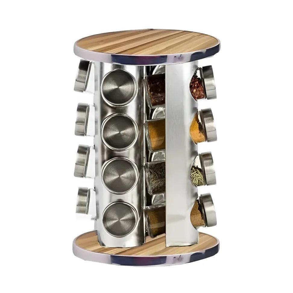 Torre De Porta Temperos Condimentos Giratório Inox 16 Potes Base Giratório