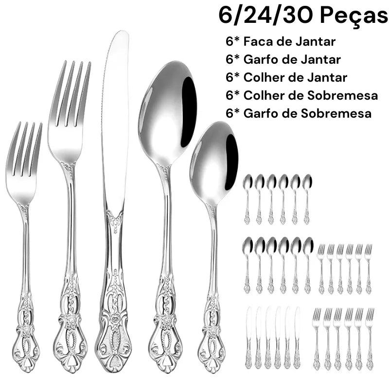 Jogo de Talheres Aço Inoxidável de Prata 6/24/30 Peças