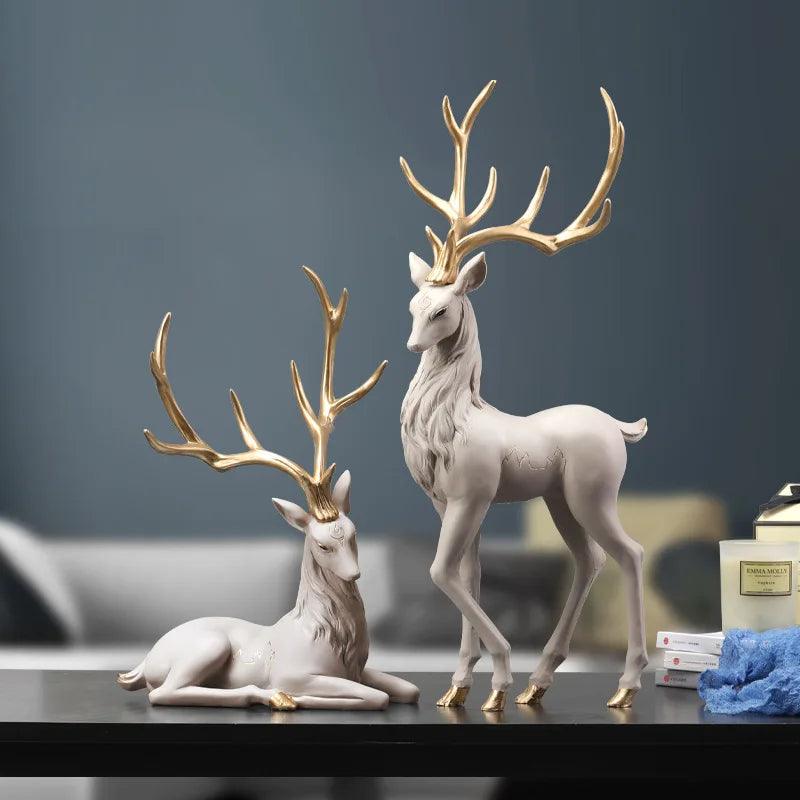 Escultura Decorativa de Cervos Elegante com Galhos Dourados